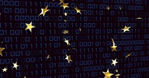 Golden Stars Floating Over Digital Binary Code Background