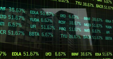 Displaying semi-opaque digital stock ticker overlay on urban skyscraper window with neon percentages