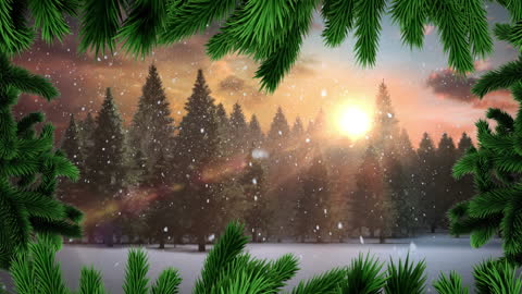 Snow Falling Over Winter Forest Sunset