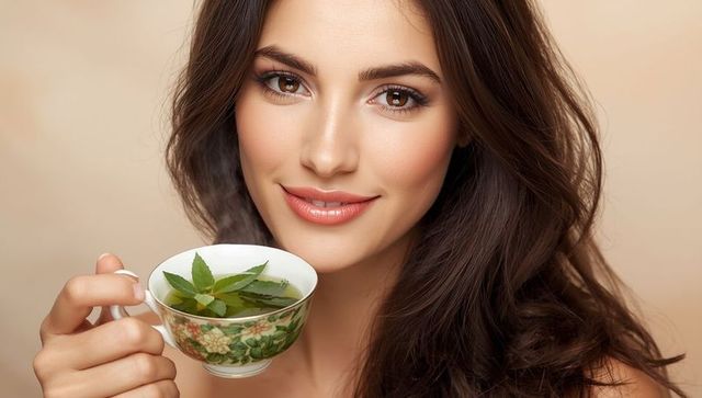 Elegant woman savoring herbal tea for relaxation and wellness