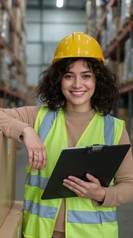Vertical video: Female warehouse worker leaning on boxes checking inventory on clipboard