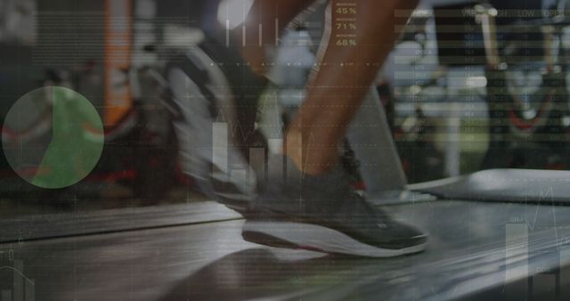 Close-up view of someone running on a treadmill with performance analytics and data displayed overlayed. This image could be used in contexts related to fitness, health, athletic training, gym advertisements, sports technology, synchronizing physical activities with digital tracking systems, and workout performance improvements.