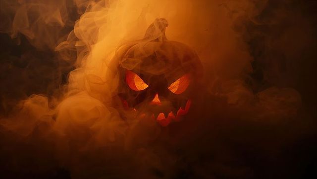 Mysterious glowing pumpkin with swirling smoke for spooky halloween