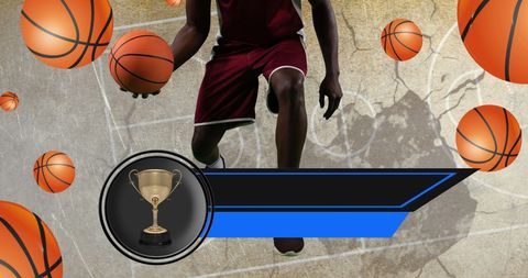 Basketball Player Dribbling with Floating Basketballs and Trophy Banner - Download Free Stock Images Pikwizard.com