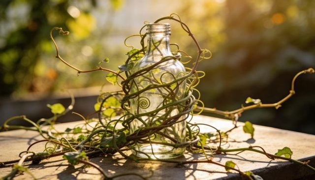 Vine-wrapped glass bottle catching golden hour light on weathered wood table