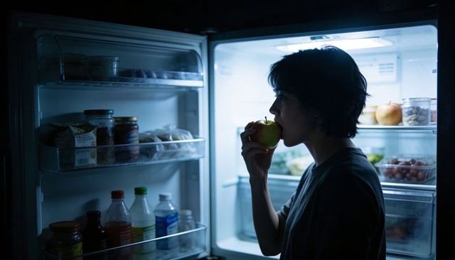 Late night fridge raid: silhouette biting green apple in blue refrigerator glow