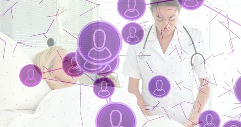 Healthcare professional assisting patient with digital network overlay