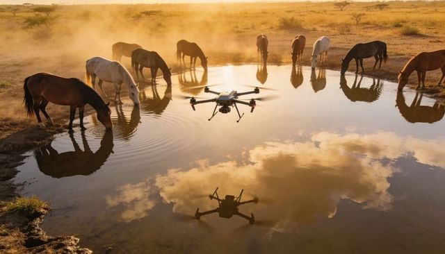 Drone hovering over watering hole at golden hour with herd of horses drinking