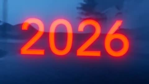 Neon 2026 pulsing over misty lakeshore at blue hour with pine silhouettes and ghost glow