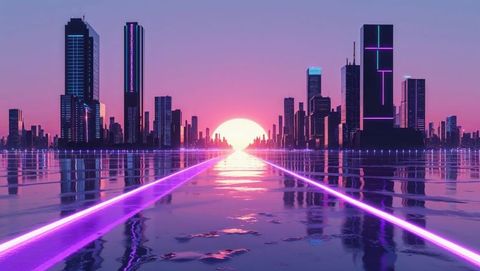 Futuristic neon skyline at sunset with reflective city palette