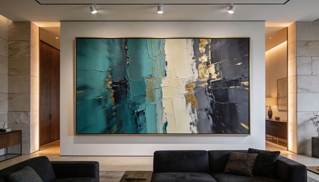Contemporary teal and gold textured abstract artwork in modern living room with spotlights