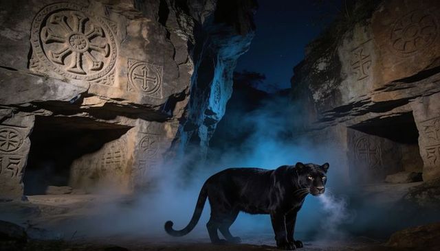Black panther prowling through ancient carved grotto with blue mist and moonlight rosettes