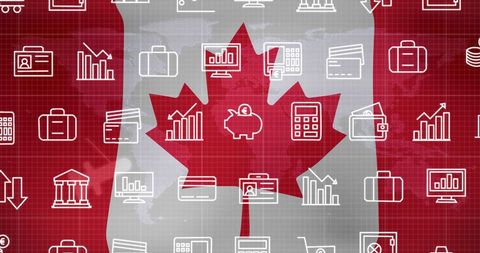 Canadian Flag with Financial Icons Overlay and World Map