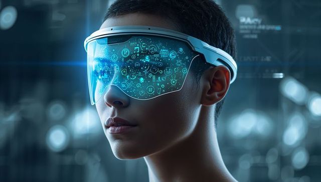 Woman wearing transparent ar visor exploring blue holographic hud in futuristic control room