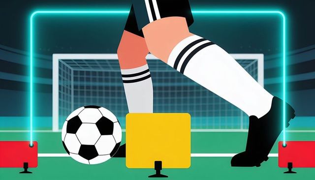 Soccer player preparing shot near goal with yellow card and neon training gates