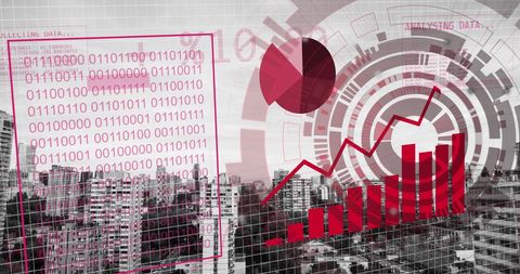 Financial data processing overlay with cityscape