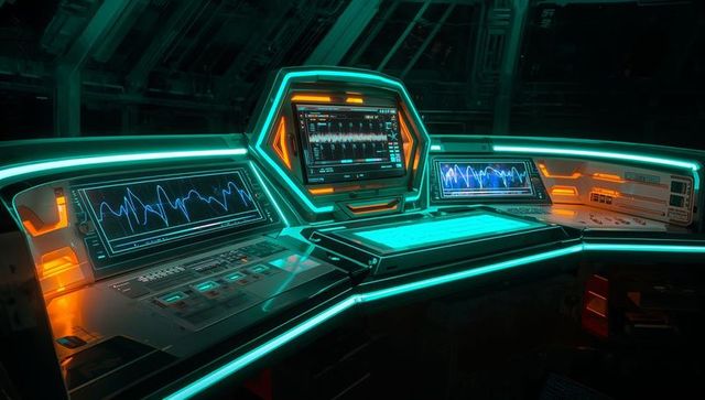 Futuristic sci-fi command console with dynamic waveform displays