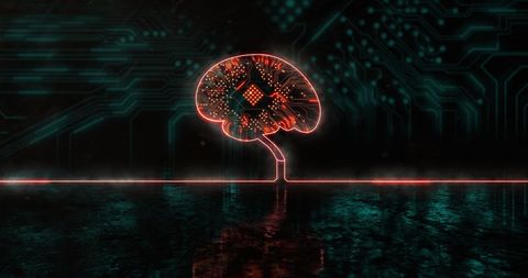 Bringing together imagery of cutting-edge technology and artificial intelligence, this illustration projects a glowing neon orange brain overlay on a dark, sophisticated backdrop suggesting neural networks and microchips. 