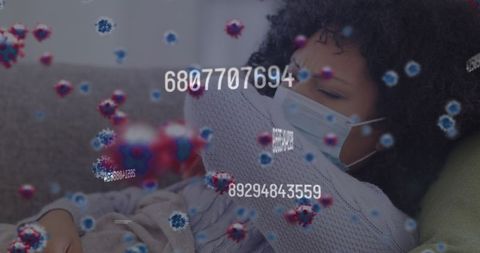 Masked woman during pandemic with virtual covid-19 analytics