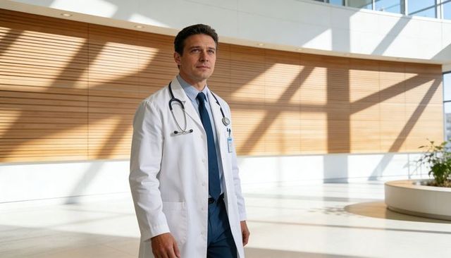 Walking male physician in modern hospital atrium wearing lab coat, stethoscope, id badge
