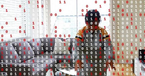 Senior chinese woman checking tablet in modern apartment living room with binary overlay