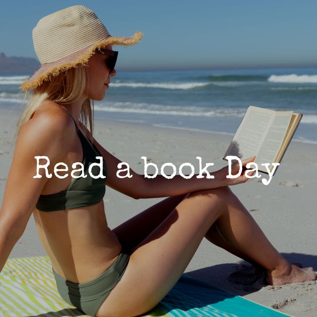 Caucasian woman wearing a swimsuit and sun hat reading a book while sitting on a beach. Perfect for use in summer vacation promotions, reading campaigns, lifestyle blogs, travel magazines and articles on relaxation tips.
