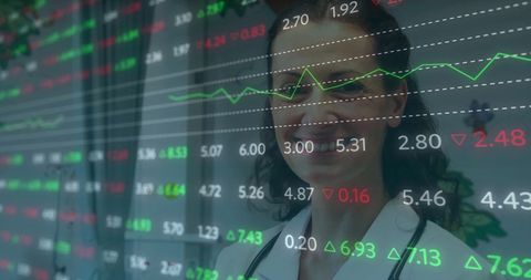 Finance and Healthcare Intersection: Female Doctor with Stock Data Overlay
