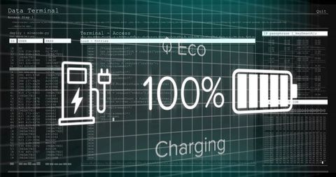 Futuristic data terminal with full battery graphic illustration