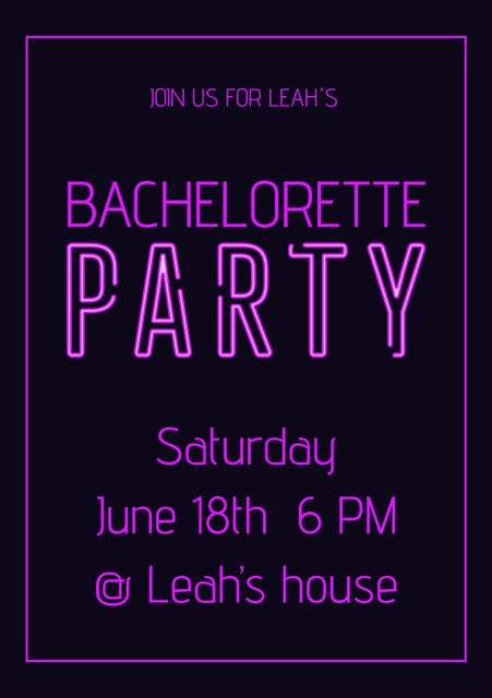 This vibrant invitation is perfect for announcing a bachelorette party. The neon purple text on a sleek black background creates an eye-catching and modern design, ideal for attracting attention. It can be used to create invitations, social media announcements, or digital invitations to inform guests about the details of the celebration.
