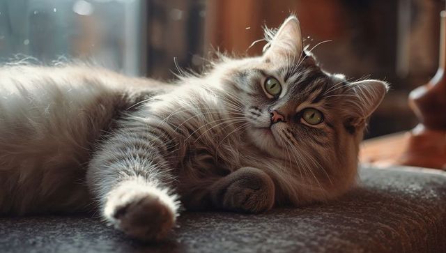 Fluffy tabby cat lounging and reaching paw into sunbeam on cozy cushion, green eyes and soft fur
