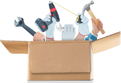 Hands Showing Variety of Work Tools on Transparent Box