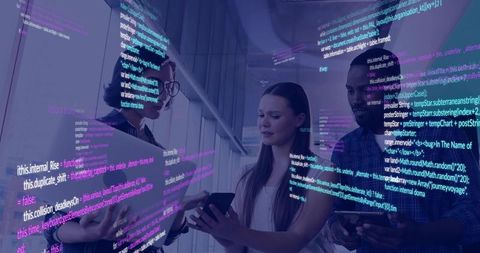 Developers collaborating and debugging code with shared screens and mobile devices