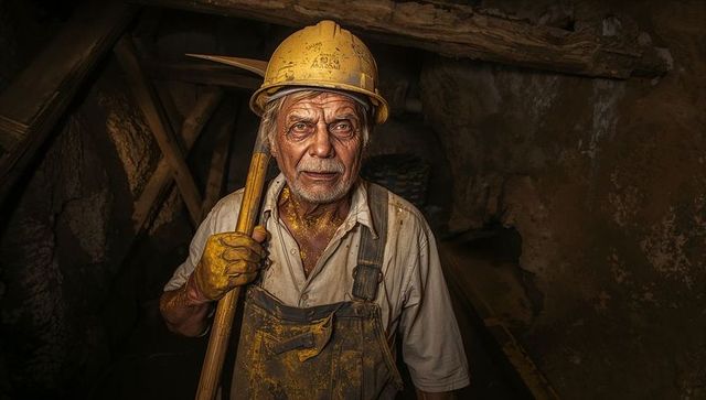 Senior miner holding pick in dark underground tunnel wearing yellow hard hat and overalls