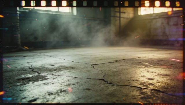 Cinematic cracked concrete warehouse floor with sun shafts, dust, water stains