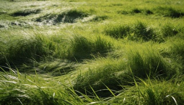 Rippling bright green tussock grass tufts creating lush textured meadow waves