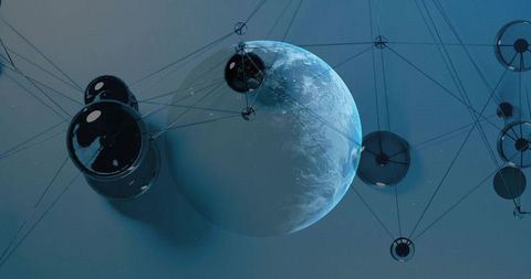 Futuristic orbital megastructure encircling blue planet with networked pods and lattice