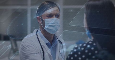 Doctor in protective mask with futuristic digital wavefront ui