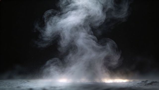 Rising vapor plume curling over powdery surface with backlit glow and warm base lights