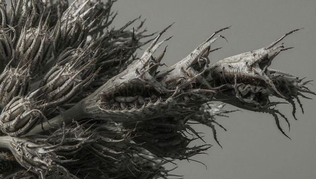 Dried seed pods revealing smooth seeds and spiny ribs macro botanical study