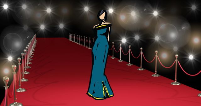 Woman wearing an elegant blue gown, confidently walking down red carpet with bright lights surrounding her, perfect for celebrity events or fashion showcasing. Ideal for illustrating stories about high-profile events, excelling evening wear, or creating stylish advertisement content in the fashion industry.