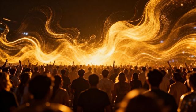 Cheering silhouetted crowd watching golden light waves at outdoor night concert