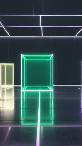 Vertical neon grid room with central green cube glowing on reflective floor