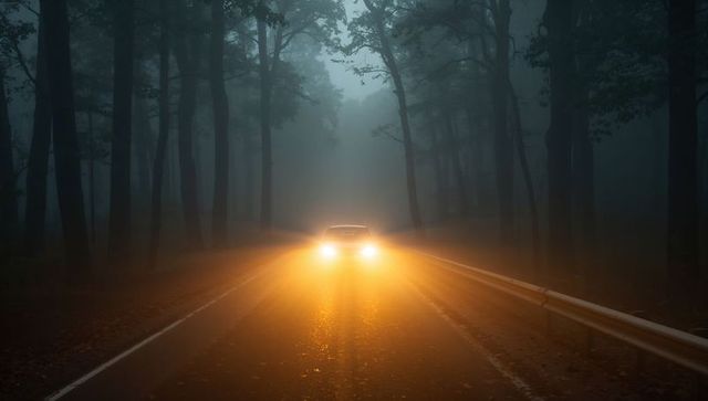 Headlights piercing fog on wet forest road at night, moody cinematic car approach