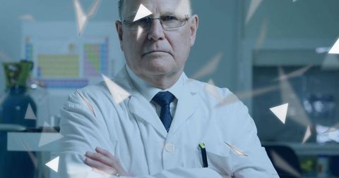 Serious Senior Scientist in Research Lab Surrounded by Abstract Graphics