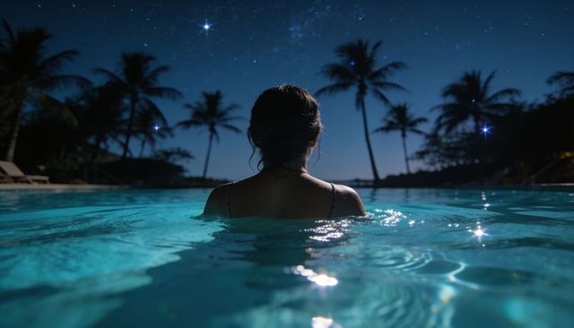Silhouetted woman floating in moonlit resort pool with palm trees and starry sky