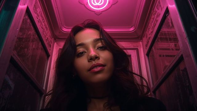 Cinematic Neon Portrait of Woman Posing in Urban Booth with Pink Circular Ring Light