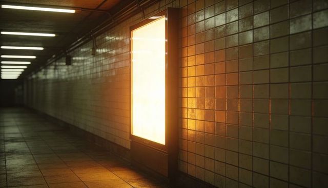 Glowing backlit display casting warm light across tiled underground tunnel with reflections