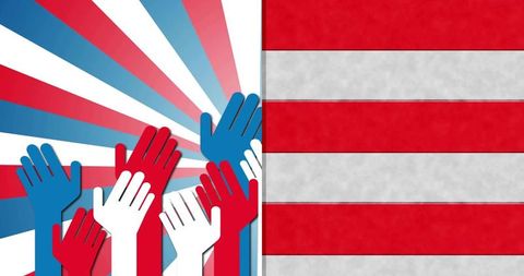 Raised hands in red white blue radial burst patriotic unity and campaign background
