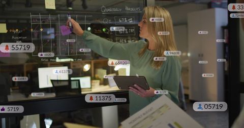 Woman Analyzing Reports on Transparent Board in Office Environment