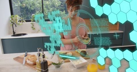 Woman preparing avocado toast with augmented reality hud in modern kitchen, healthy tech